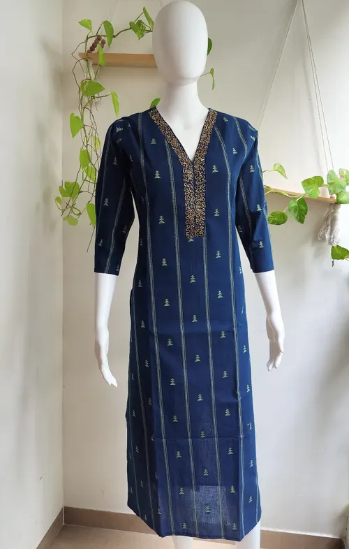 Pure South Cotton Handwork Kurti - Peacock Blue